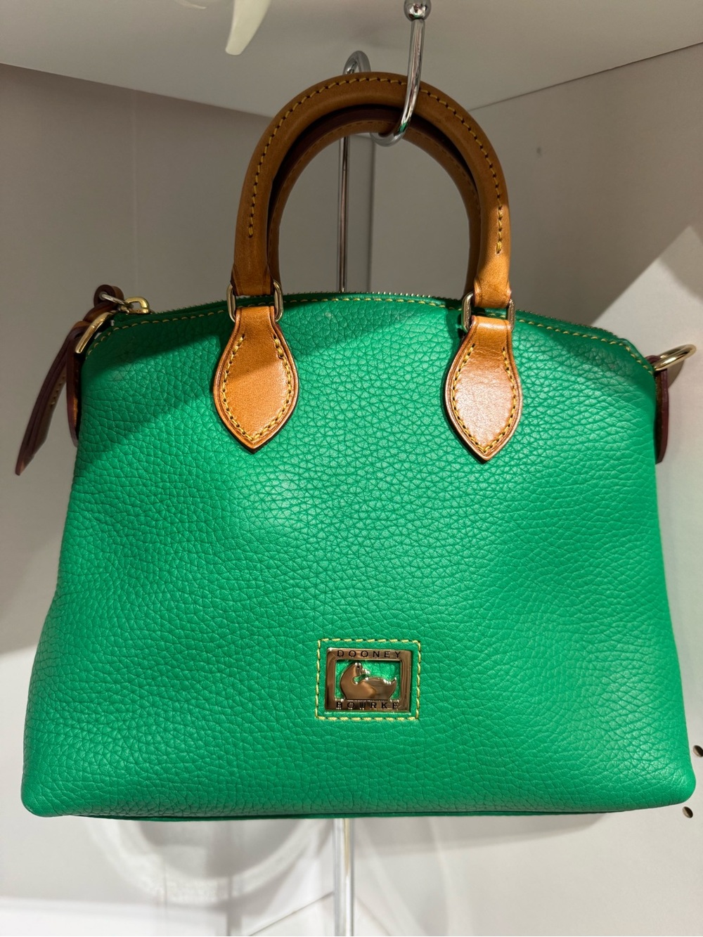 Dooney & Bourke Green Pebbled Leather Satchel with Tan Trim